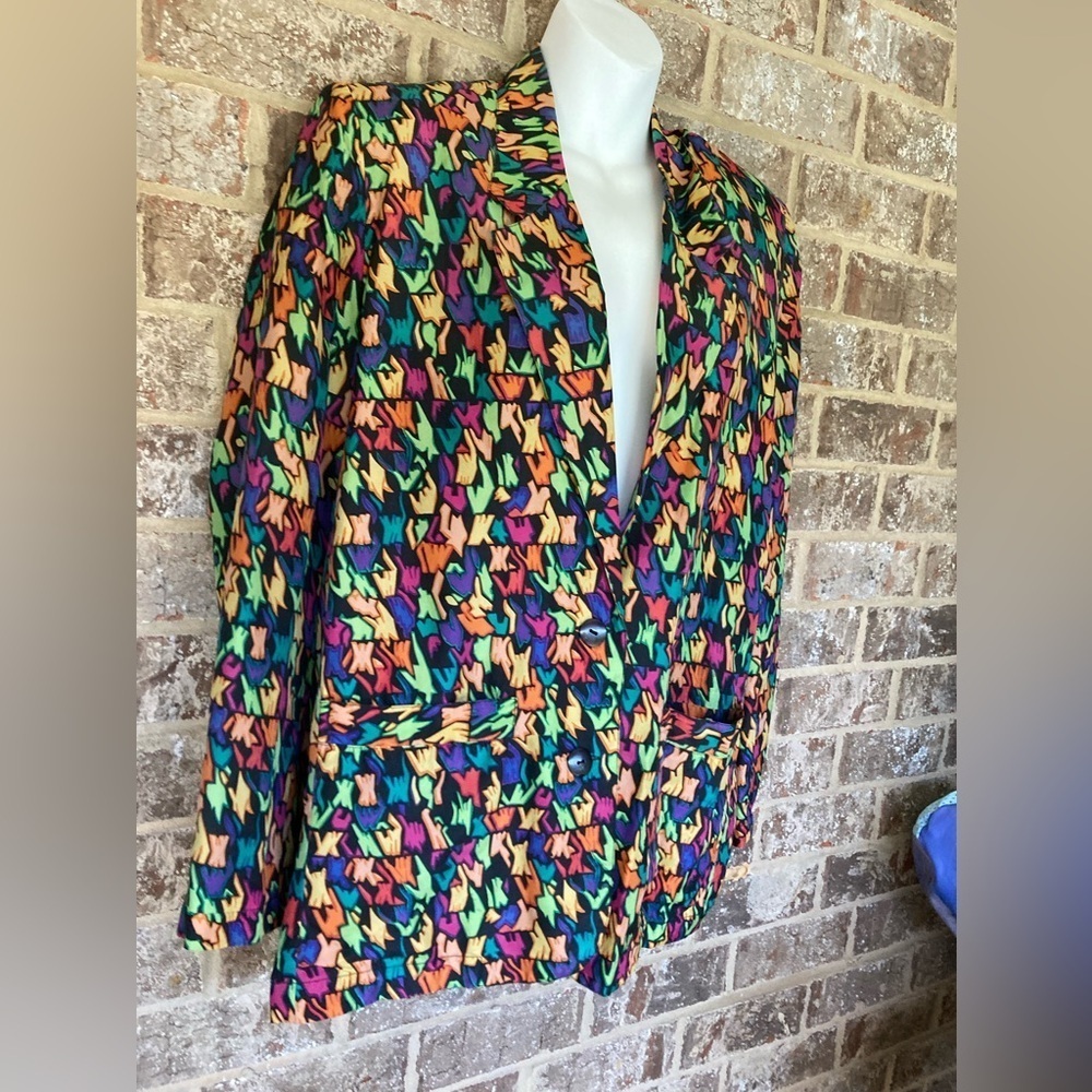 Vintage Geometric Design Silk Jacket Size Small Button Closure Colorful - Picture 2 of 9